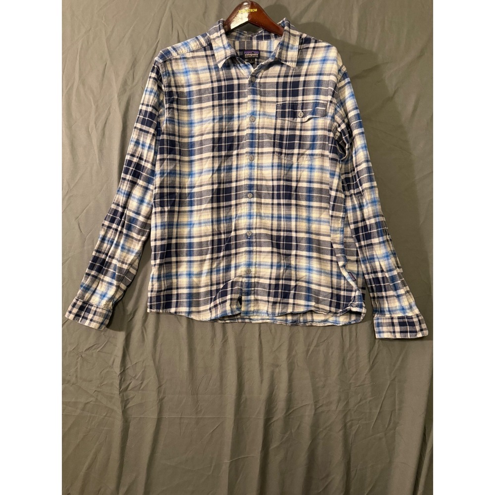 Patagonia Mens Organic Cotton Flannel Plaid Button Down Shirt Blue White Large